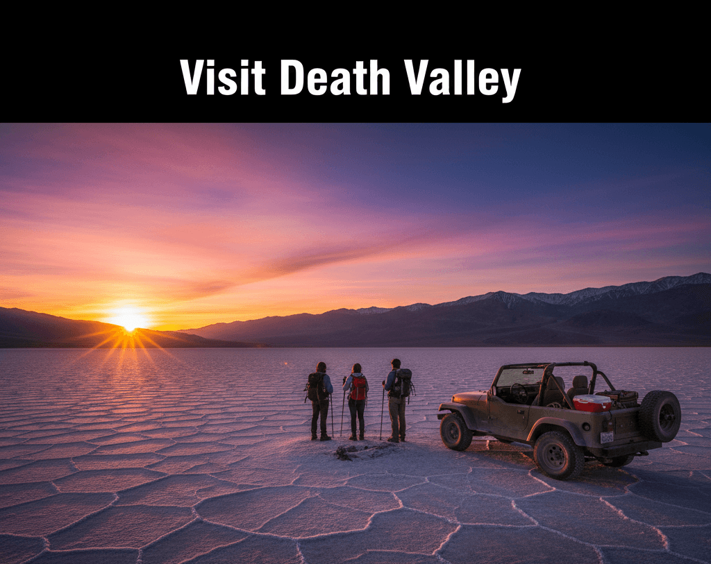 Death Valley salt flats at sunset with hikers and jeep
